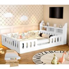 Imagem de Cama Casal Design Montessoriana Helo Com Nicho E Colchão Branca - Divaloto Móveis - Cor: Branco