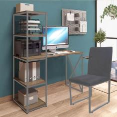 Imagem de Kit Escritório Mesa Max BeX 5 Prateleiras e Cadeira Stan Prata Tampo Carvalho Corino Cinza - Ahz Móveis