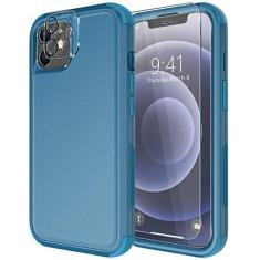 Imagem de Diverbox Capa para iPhone 12 [à prova de choque] [à prova de queda] [protetor de tela de vidro temperado + protetor de lente de câmera], capa de telefone de proteção resistente para Apple iPhone 12 (azul)