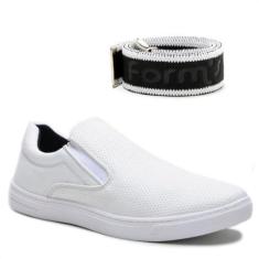 Imagem de Kit Tênis Casual Masculino Slip On Elástico Conforto + Cinto Branco
