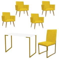 Imagem de Kit Escritório Stan 4 Poltronas com Cadeira e Mesa Industrial Tampo Branco Dourado Corino Amarelo - Ahz Móveis