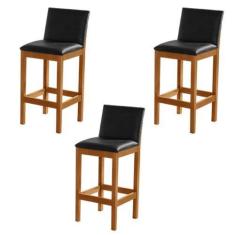 Imagem de Kit 3 Banquetas Alta Pérola com Encosto Estofada em Couro Pu Preto Mad