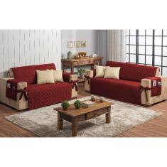Imagem de Jogo kit capa de sofá 2 e 3 lugares com laço vermelha + 4 capas de almofada caqui