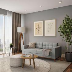 Imagem de Sofá 3 Lugares Life Pés e Base em Madeira Linho Cotton Cinza 180 cm