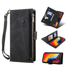 Imagem de JINGANGYU JGY Capa carteira de couro com zíper para iPhone 14 Plus para mulher e homem, capa carteira para iPhone 14 Plus com 8 compartimentos para cartões, alça de pulso, fecho magnético, capa