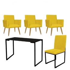 Imagem de Kit Escritório Stan 3 Poltronas com Cadeira e Mesa Industrial Tampo Preto Corino Amarelo - Ahz Móveis