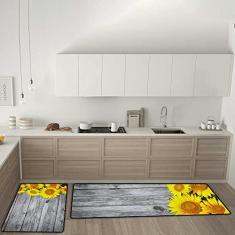 Imagem de Tapetes de cozinha girassóis retrô de madeira antiderrapante conjunto de 2 tapetes de cozinha, tapete confortável antifadiga para sala de jantar, lavanderia, escritório