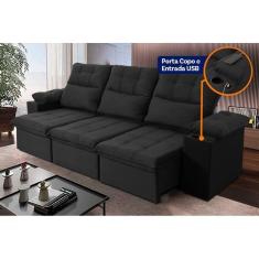 Imagem de Sofá Retrátil Reclinável Verona USB + Porta Copo 2,30m Suede Velut Preto c/ Molas no Assento - King House