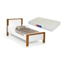 Imagem de cama pequena infantil juvenil branco marrom com colchão pes de madeira