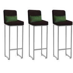 Imagem de Kit 03 Banqueta Alta com Encosto Lucca Industrial Cozinha Balcão Ferro Cinza Suede Marrom e Almofada Verde - Ahazzo Móveis