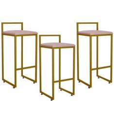 Imagem de Kit 03 Banquetas Altas Para Cozinha Sala De Jantar Hanna L02 Dourado Suede Rosê - Lyam Decor