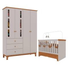 Imagem de Berço Americano Mini Cama com Gaveta e Guarda Roupa Infantil Antonella 4 Portas Off White Caramelo - Canaã