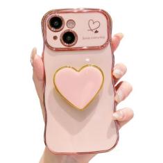 Imagem de Espumoso Compatível com iPhone 13 Capa com suporte de coração, linda moldura ondulada, formato encaracolado com suporte de coração de amor, capa de proteção de câmera levantada luxuosa à prova de