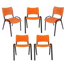 Imagem de Kit 5 Cadeiras Iso Para Escola Escritório Comércio Laranja Base Preta