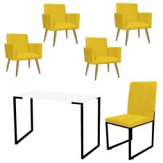 Imagem de Kit Escritório Stan 4 Poltronas com Cadeira e Mesa Industrial Tampo Branco Preto Suede Amarelo - Ahz Móveis