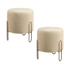 Imagem de Conjunto - 2 Puffs Banqueta Mali Luxo Base Metálica Bronze Veludo Bege Claro