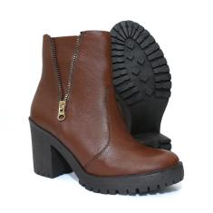 Imagem de Bota Coturno Feminino Tratorado Couro Conhaque Kuento Shoes  feminino