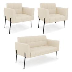 Imagem de Sofá Namoradeira E 2 Poltronas Pé De Ferro Preto Elisa Linho Bege A19 D03 - D`rossi