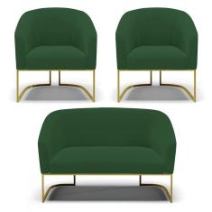 Imagem de Sofá Namoradeira E 2 Poltronas Base Industrial Dourado Stella Veludo D03 - D`rossi Cor Verde