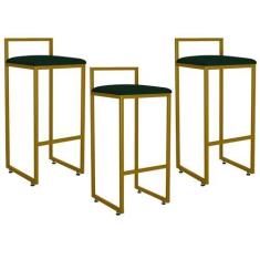 Imagem de Kit 03 Banquetas Altas Para Cozinha Sala De Jantar Hanna L02 Dourado Suede Verde Musgo - Lyam Decor