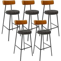 Imagem de Kit 05 Banquetas Alta Cozinha Sala De Jantar Milão L02 Couríssimo Whisky Linho Chumbo - Lyam Decor