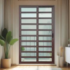 Imagem de Porta de Correr com Travessas 2 Folhas Moveis 210 X 200 Elite com Fechadura Tetra Vidro Liso Corten