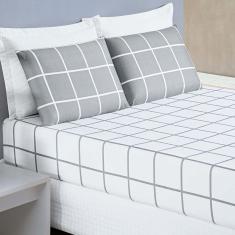 Imagem de Jogo de Lençol Minimalista Casal Padrão 3 Peças Percal 200 Fios Quadriculado - Cinza