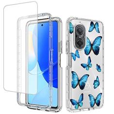 Imagem de Ueokeird Capa para Nova 9 SE/Honor 50 SE JLN-LX1 JLN-LX3 Capa com protetor de tela de vidro temperado, capa protetora de corpo inteiro com estampa de borboleta transparente para Huawei Nova 9 SE