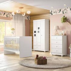 Imagem de Quarto de Bebê 100% MDF Berço com Colchão Cômoda Soft e Guarda Roupa 3 Portas Life Branco