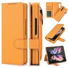Imagem de Estojo destacável para Samsung Galaxy Z Fold 3 Fold 4 Moda Couro PU Magnetic Kickstand Cover com S Pen Stylus Holder, Sarja Laranja, para Samsung Z Fold 3