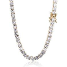 Imagem de Apzzic Colar de tênis de 3 mm com diamante simulado de laboratório de zircônia cúbica redonda e brilhante para homens e mulheres, Banhado a ouro Diamante artificial, Zircônia cúbica,