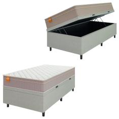 Imagem de Cama Box Baú Solteiro Colchão Molas Qatar 88x188x63cm Bege/Branco Inducol - Suporta Até 200 Kg Por Pessoa