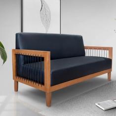 Imagem de Sofá Namoradeira 2 Lugares Sala de Estar Pés Madeira Maciça Corda Náutica Preta 160cm Manila PU Preto G63 - Gran Belo