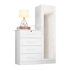 Imagem de Guarda Roupas Solteiro com 1 Porta com Cômoda 4 Gavetas e Espelho Belize Plus Branco