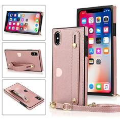 Imagem de Estojo de couro com alça de pulso transversal para iPhone XR X XS Max 14 1312 11 Pro Max com capa de carteira para iPhone 6 7 8 Plus telefone, ouro rosa, para iPhone 7 Plus