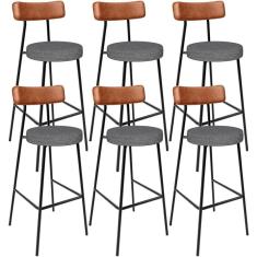 Imagem de Kit 06 Banquetas Alta Bar Cozinha Sala Jantar Milão L02 Couríssimo Camel Cinza Escuro - Lyam Decor