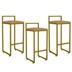 Imagem de Kit 03 Banquetas Alta Hanna Dourado Linho Bege Escuro