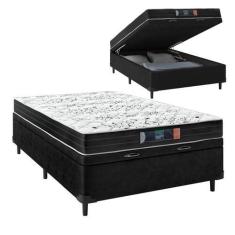 Imagem de Cama Box Baú Casal Sintético Preto Colchão de Espuma Semi Ortopédica Extra Firme Cinza 80kg