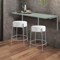 Imagem de Kit Mesa Suspensa de Parede Fixa MDF Verde Oliva + 2 Banquetas Sintra Ferro Prata Sintético Branco - Ahazzo Móveis