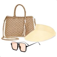 Imagem de Kit Bolsa De Palha Feminina + Viseira Praia Moda Verão+ Óculos De Sol Proteção UV (Bege)