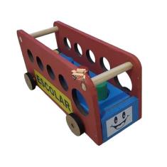 Imagem de Brinquedo Educativo Pedagógico Em Madeira Carrinho Ônibus + Pinos Geométricos (Ônibus Escolar + Pinos)