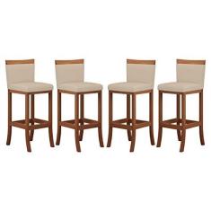 Imagem de Kit 4 Banquetas Média Encosto Estofado 38x92 Cm Paris Madeira Maciça Castanho Suede Bege CCS