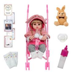 Imagem de Boneca Reborn Loira Com Carrinho Enxoval Coelhinha Fofinha - Cegonha D