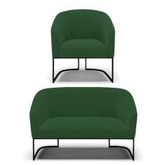 Imagem de Sofá Namoradeira e Poltrona Base Industrial Preto Stella Veludo Verde D03 - D'Rossi