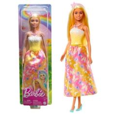 Imagem de Boneca Articulada Barbie Realeza Vestido dos Sonhos Amarelo Com Saia Estampada Removível - Magia do Arco-Íris - Mattel