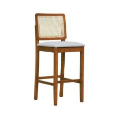 Imagem de Banqueta Alta Bistrô Lyon Madeira Maciça Encosto Telinha Natural Assento Estofado Sintético Amêndoa/Bege