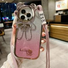 Imagem de Capa de telefone com suporte de lente brilhante para iPhone 15 14 13 12 11 Pro Max XR 7 SE Capa de corda portátil crossbody, rosa gradiente, para iPhone 14 Plus