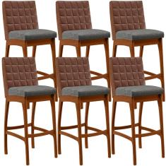 Imagem de Kit 06 Banquetas Altas Sala Jantar Fixa Mila B04 Couríssimo Marrom Linho Cinza Escuro - Lyam Decor