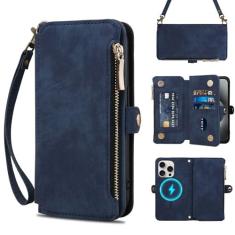 Imagem de Rssviss Capa de telefone para iPhone 15 Pro, carteira compatível com Magsafe, capa com zíper dobrável com bloqueio de RFID para 15 Pro com suporte para cartão, alça de pulso transversal para iPhone 15