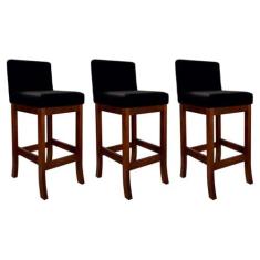 Imagem de Kit 3 Banquetas para Bancada Alta em Madeira Castanho Melody Suede Preto